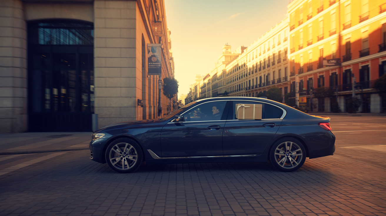 Coche premium para entregas en calle europea al atardecer